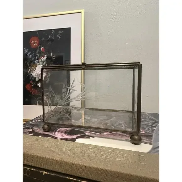 Vintage Etched Glass And Bronze Jewelry Display Catch All Box Floral Design - Picture 2 of 5